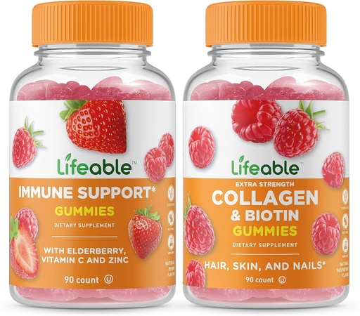 [BRSRMYAYAF7BO3TA] Lifeable Immune Support + Collagen & Biotin, Gummies Bundle - Great Tasting, Vitamin Supplement, Gluten Free, GMO Free, Chewable Gummy