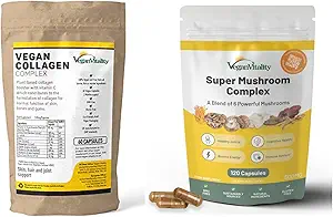 [BRSRMCADBMPWO335] Vegan Vitality Nutrition Booster Bundle - Super Mushroom Complex and Collagen Booster. High Strength Plant Based Formula for Skin, Hair, Immunity and Overall Health for Vegans and Vegetarians