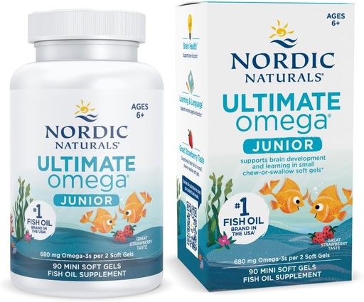 [BRSWIZQ4BEFB2A3A] Nordic Naturals Ultimate Omega Jr., Strawberry - 90 Mini Soft Gels - 680 Total Omega-3s med EPA & DHA - Brain Health, Mood, Learning - Non-GMO - 45 Servings