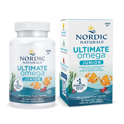 [BRSWIZQ4BEFB2A3A] Nordic Naturals Ultimate Omega Jr., Strawberry - 90 Mini Soft Gels - 680 Total Omega-3s with EPA & DHA - Brain Health, Mood, Learning - Non-GMO - 45 Servings