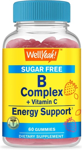 [BRSROBQBDIIGK3TU] WellYeah Vitamin B Complex Sugar Free Gummies | with Vitamin C, Folic Acid | Immune and Energy Support | Strawberry Flavor | 60 Count