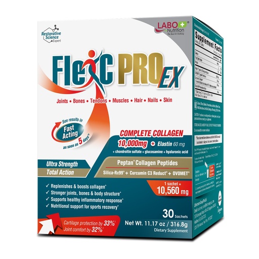 [BRSWYZIFDMGRSD35] LABO Nutrition FlexC PRO EX, Full Spectrum Collagen, Type I, III, V & X, Peptan Collagen, Eggshell Membrane, Water Soluble Silica & Curcumin C3 Reduct, for Hair, Skin, Nails, Joint, Bones, Muscles