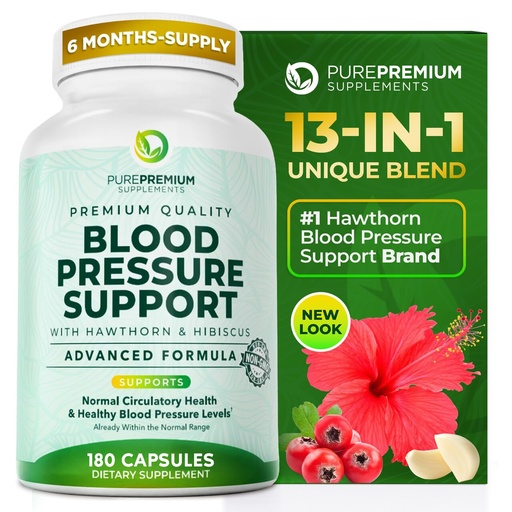 [BRSRMFIBCABRYCDJ] PurePremium Blood Pressure Supplements with Hawthorn Berry, Hibiscus, Garlic & Vitamin B12- Nitric Oxide Supplement for Normal Heart Health, Circulation Health & Blood Pressure Support - 180ct