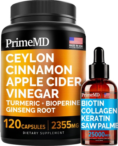 [BRSW2BARDMHGGGT6] 4-in-1 Liquid Biotin Collagen Keratin Saw Palmetto Drops (2 fl oz - 1 Pack) & 5-in-1 Ceylon Cinnamon w Turmeric & Ginseng Root (120ct) Bundle - Hair, Skin, Nails, & Immune Support Supplement