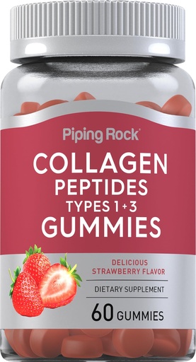 [BRSRMAIBBN4BQDYU] Piping Rock Collagen Gummies | 60 Count | Collagen Peptides Type 1 and 3 | Strawberry Flavor | Bovine Supplement | Non-GMO, Gluten Free