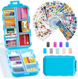 14 Grids Travel Pill Organizer Box with 415-Pcs Medicine Name Labels - Pocket Daily Pharmacy Case Container Kit - Travel Medication Holder Dispenser for Fish Oil Vitamin Supplement Storage - Blue