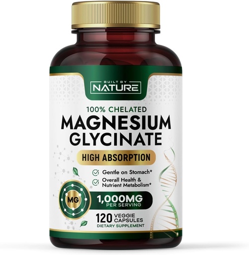 [BRSRAFIEDFYBOCTZ] Construido por Nature Magnesium Glycinate 1000mg – Suplemento Magnesio de alta absorción – 100% Chelated, Gentle on Stomach - Muscle, Heart, Bone & Relax Support - Non-GMO, Vegan - 120 cápsulas