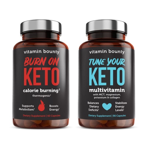 [BRSRMZQ5AAFAO2D7] Vitamin Bounty Tune Your Keto and Burn on Keto Bundle - Keto Multivitamin, Calorie Burning for Women and Men, Premium Raspberry Ketones, Energy Support - Bundle 60 Capsule Each