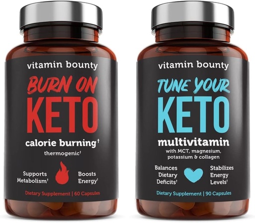 [BRSRMZQ5AAFAO2D7] Vitamin Bounty Tune Your Keto and Burn on Keto Bundle - Keto Multivitamin, Calorie Burning for Women and Men, Premium Raspberry Ketones, Energy Support - Bundle 60 Capsule Each