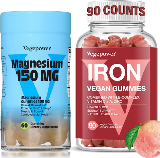 [BRSRAAIFAF5AO2AV] Iron Supplement with Magensium Gummies, Vegan Iron Gummies with Vitamin C, A, B-Complex, Folate, Zinc for Adults & Kids, for Iron Deficiency, Anemia, Relaxation Sleep, Non-GMO