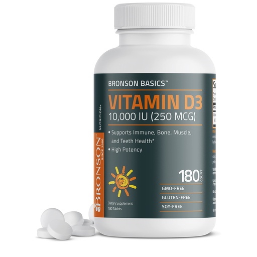 [BRSRMBAOB4MGYHLV] Bronson Vitamin D3 10,000 IU (250 MCG) for Healthy Muscle Function and Immune Support, Non-GMO, 180 Tablets