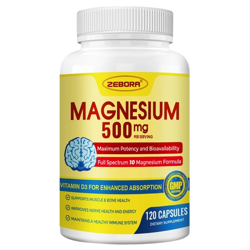[BRSRAYYRAR5R4C3O] 10-in-1 Magnesium Complex Supplement, Magnesium Glycinate 500mg with Citrate & Malate, Chelated High Absorption Plus Vitamin D3 & Zinc - for Nerve, Muscle & Bone Support - 120 Capsules