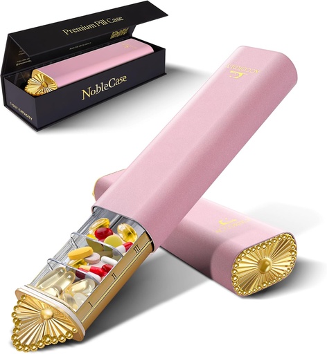 [BRSRAGQTPINWKHIU] Premium organizador semanal de píldoras, caja compacta de 7 días para purse, caja de aluminio de oro ligero para vitaminas, medicina, suplementos, regalo de bienestar de lujo