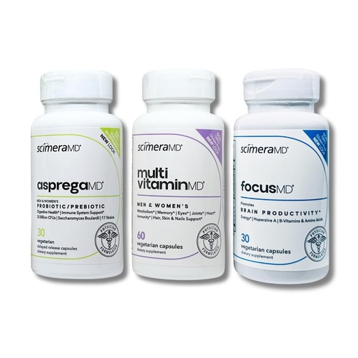 [BRSW2FICCQMG2DTZ] ScimeraMD® AspregaMD 30CT Probiotic + Prebiotic, MultivitaminMD Multiminerals and FocusMD Brain Support Supplement for Digestive Health, Wellness and Cognitive Health Support