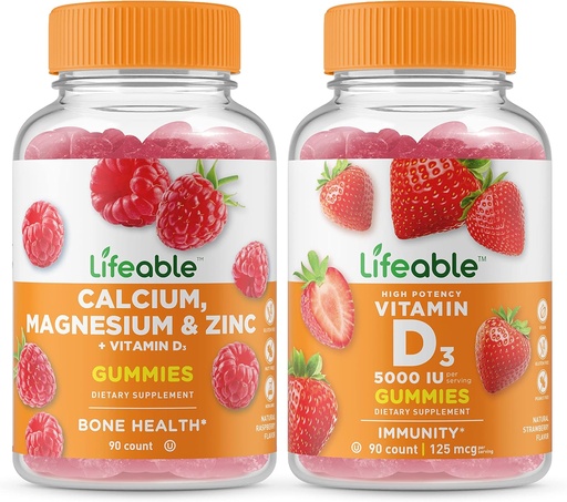 [BRSROZAFOAIGE2D7] Lifeable Calcium, Magnesium, Zinc & Vitamin D + Vitamin D 5000 IU, Gummies Bundle - Great Tasting, Vitamin Supplement, Gluten Free, GMO Free, Chewable