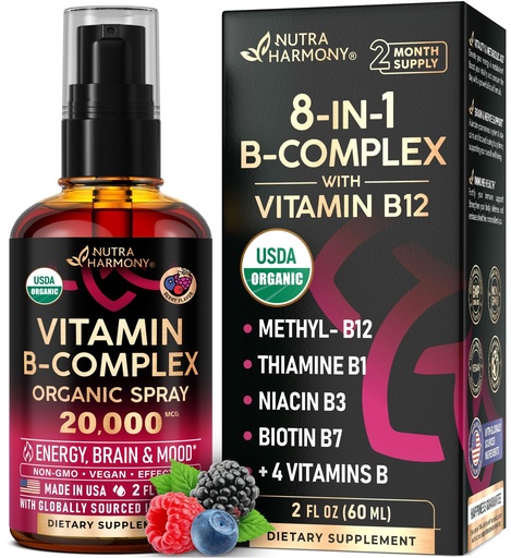 [BRSROCDQB4HAK2YZ] USDA Organic Vitamin B-Complex Liquid Spray 8-in-1 - B5 Pantothenic Acid | B12 Methylcobalamin | B1 Thiamine | B6 Pyridoxine | B7 Biotin | B9 Folic | B3 Niacinamide - Berry Mix Flavor - 2fl oz