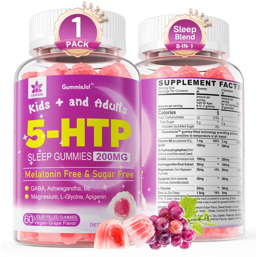 [BRSROCA3OAPBO3D5] 5HTP Gummies for Adults & Kids 8+, Melatonin Free Gummies with Magnesium Glycinate, GABA, L-Glycine, Ashwagandha, Vitamin B6 for Delicious Zzzs, Brain & Muscle Relaxation, 0 Sugar 60 Count (Pack of 1)