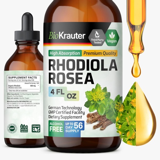 [BRSROGAZBV7AO2Y2] BIO KRAUTER Rhodiola Supplement Liquid - Pure Rhodiola Rosea Tinctuur voor Kalmte Ondersteuning - Alcohol & Sugar Free Extract - 4 Fl.Oz.