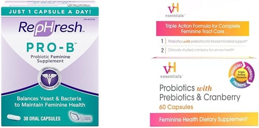 [BRSROBL3DEORSAL3] Rephresh Pro-B Probiotic Supplement for Women, 30 Oral Capsules & vH Essentials Probiotics with Prebiotics and Cranberry Feminine Health Supplement - 60 Capsules
