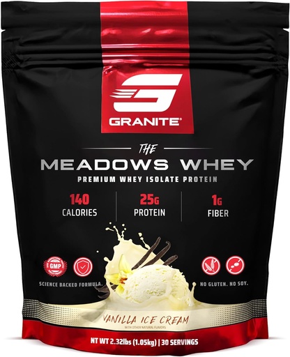[BRSROBD2BENBGEQ4] Granitt Supplements Den Meadows Whey Protein Isolat Protein pulver for Lean Muscle med 150 kalorier, 2g Fiber, 1g Sukker (30 Serveringer), Vanilla Ice Cream Flavor