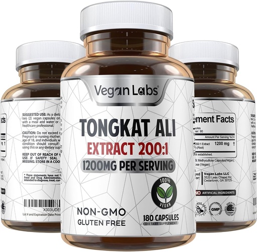 [BRSROZARO56A2ADG] Vegan Labs Tongkat Ali 200:1 Extract, 1200MG Per Servings- 180 Vegan Capsules- Supports Energy and Stamina- Gluten Free, Non-GMO Premium Quality Supplement