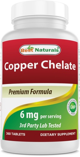 [BRSRAYYFCMFB4H3G] Best Naturals Copper Chelate 6 mg per Serving- 360 Tablets