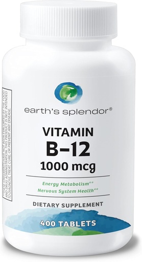 [BRSW2GLRCUOW2G3O] Earth's Splendor Energy Supplements, with Vitamin B12, No Artificial Color or Flavor, Gluten Free, Energy Metabolism Support (1000mcg, 400 Tablets)