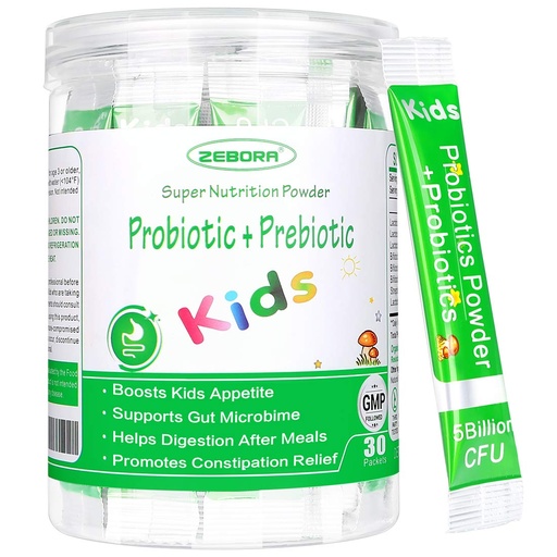 [BRSWYYYFAF4GCG34] ZEBORA Kids Probiotic & Prebiotics Powder Age 3+ Support Children's Digestive & Immune System with Natural Source, Promotes Constipation Relief, Non-GMO, Gluten-Free, 30 Packets with 5 Billion CFUs