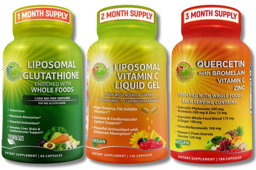 [BRSROFQDDJ4AAETA] Daily Immune & Antioxidant Support Bundle – Liposomal Vitamin C 1100mg Liquid Gel + Liposomal Glutathione 500mg + Quercetin with Bromelain, Zinc & Whole Food Blend – Non-GMO, Maximum Absorption