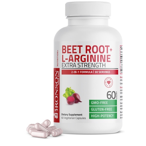 [BRSROBILOANBM3DL] Bronson Beet Root + L-Arginine Nitric Oxide Production - Non-GMO, 60 Vegetarian Capsules