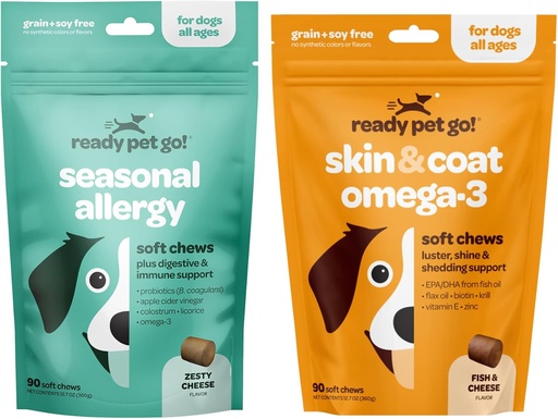 [BRSW2ZAFO5YQA33V] Ready Pet Go! Omega 3 & Allergy Chews for Dogs | Probiotics & Allergy Immune Supplements for Itch & Allergy Relief | Fish Oil for Dog Shedding, Skin Allergy, Itch Relief | 90 Chews Each