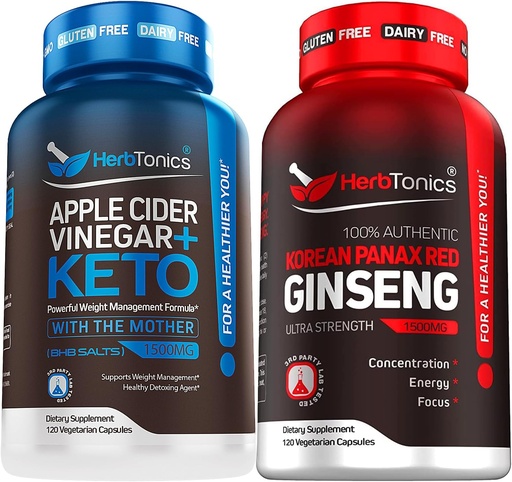 [BRSROHYRCVYGAHL3] Herbtonics Apple Cider Vinegar Capsules Plus Keto BHB | Fat Burner & Weight Loss Supplement for Women & Men - High Strength Ginseng Korean Red Panax Extract - Performance Support for Men & Women