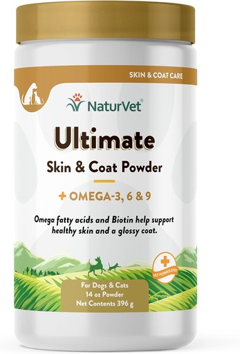 [BRSWIYT7OB6W2ET6] NaturVet Ultimate Skin and Coat Powder Plus Omega 3, 6 and 9 Supplement for Dogs and Cats, Powder, Made in The USA with Globally Source Ingredients 14 Ounce
