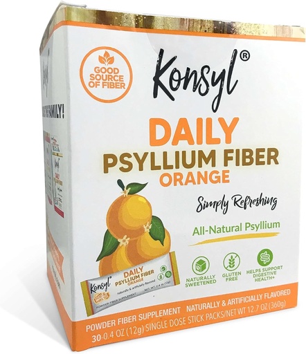 [BRSRMFIEAV4BQ3LP] Konsyl Daily Fiber Orange 100% Natural Psyllium Husk Powder - Naturally Sweetened - Gluten Free - 30 Individual Stickpacks