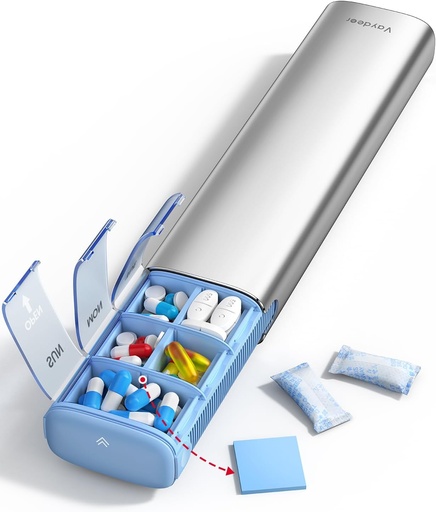 [BRSROAA5C55RAFLF] Vaydeer 7 Day Weekly Pill Organizer (Support 2 Times a Day), Metal Travel Pill Case, Large Capacity Daily Cute Pill Box for Supplements, Pills, Vitamins and Medication (Sliver)