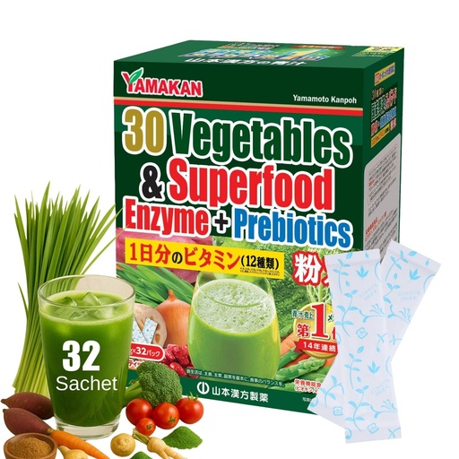 [BRSWYHALCQFGK23D] Yamamoto Kanpoh YAMAKAN Natural Digestive Enzymes with Prebiotic Powder, 12 Mixed Vitamins & Super Greens Powder Blend, Barley Grass Juice Superfood for Gut Health from Japan, 32 Packets