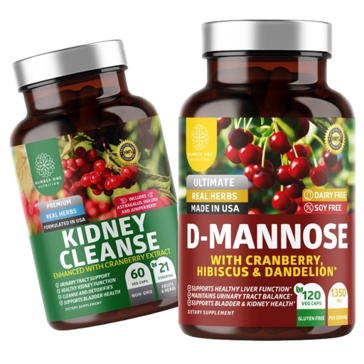 [BRSRAGATAABBAYLO] Number One Nutrition N1N Premium D-Mannose [1350mg] with Cranberry & Hibiscus and Kidney Cleanse [21 Potent Herbs] with Cranberry Extract, Astragalus, Uva Ursi, 2 Pack Bundle