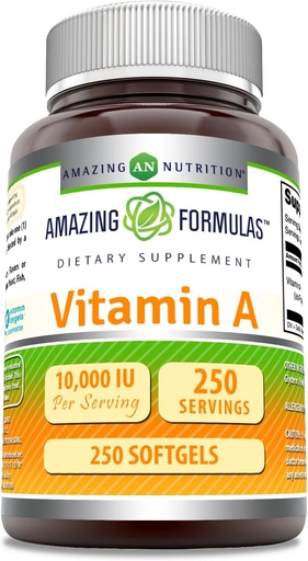 [BRSRAAT2AUJRMDQ6] (原始内容存档于2019-09-21) (英语). Excellent Formulaments Vitamin A 10000 IU Supplement QQ作为 Retinyl Palmitate + 3000 Mcg + Softgels + Non-GMO → Gluten Free → 在美国制造 (1 Pack, 250 Count).