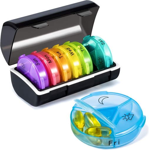 [BRSROYABBABQ2YDZ] Weekly Pill Organizer Medicine Container, Round Pills Cases Organizers 7 Day 3 Times A Day with Large Compartments, BPA Free Medication Separator Storage to Hold Vitamin, Fish Oils, Supplement