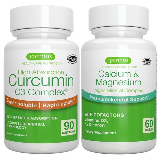 [BRSROBL3OAFAYETB] Algae Calcium & Magnesium Complex + High Absorption Curcumin C3 Complex, Vegan Bundle for Bones, Joints & Recovery from Exercise, by Igennus