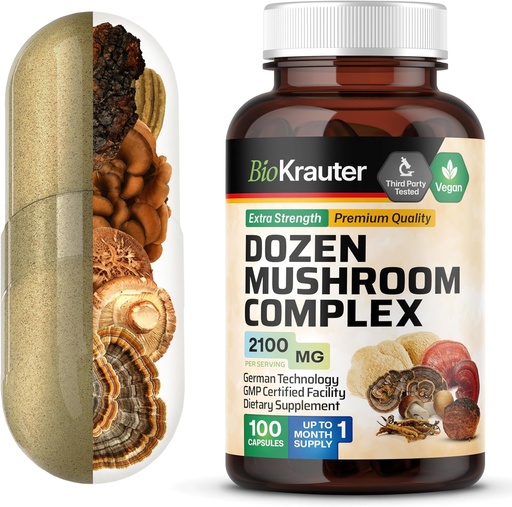 [BRSWGH3QBMDR4ADX] BIO KRAUTER Dozen Mushroom Complex Capsules 2100 mg Blend - 100 Vegan Caps - 12 Extracts in One Mushroom Supplement for Immune Support - Lions Mane, Reishi, Cordyceps