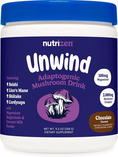 [BRSRAHAOAEHBMG35] Nutricost Nutrizen PM Unwind Adaptogenic Mushroom Drink (Chocolate Flavored) 30 Servings - Includes Reishi, Lion's Mane, Shiitake, Cordyceps