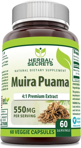[BRSRO2QYAF6AYG32] Herbal Secrets Muira Puama 4:1 Extract Supplement | 550 Mg | 60 Veggie Capsules | Non-GMO | Gluten Free | Made in USA