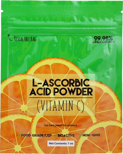 [BRSWIGIZDJ7RSGD6] Duda Energy asc01oz Bag of L-Ascorbic Acid Powder 99+% Food Grade USP36/BP2012 Naturally Fermented Pure Crystals Form of Vitamin C, 1 oz., White