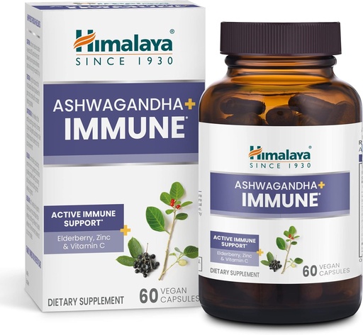 [BRSRMAA2DIPG2D3V] Himalaya Ashwagandha + Imune - Herbal Imune Supplemen Dukungan dengan Vitamin C, Zinc, Elderberry, dan Amla untuk Kebal - Vegan, Non-GMO, Gluten Bebas, 960 mg, 60 Capsules