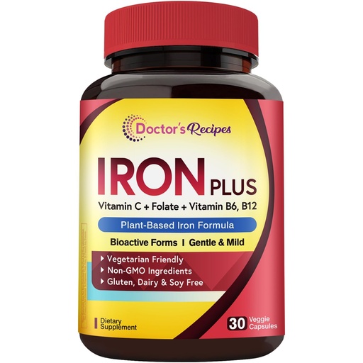 [BRSRAHQDBUDRMYLA] Doctor's Recipes Iron Supplement for Women Men - Gentle Iron Bisglycinate with Vitamin C, B6, Folate & B12, Stomach Friendly Iron Pills, 30 Vegan Caps