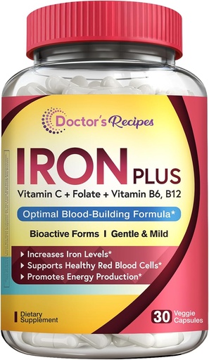 [BRSRAHQDBUDRMYLA] Lääkärin reseptit Iron Supplement for Women Miehet - Hellä Iron Bisglysinaatti kanssa C-vitamiini, B6, Folate & B12 - Non-Constitipating & Vatsa Friendly Iron Pills for Blood & Energy Support, 30 Vegan Caps