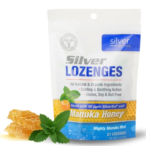 [BRSWGEAPBB5GME32] Silver Biotics Colloidal SIlver Lozenges | 60 PPM Ag₄O₄ SilverSol | Immune Support + Throat Soothing Lozenges | Manuka Honey | 21 Count
