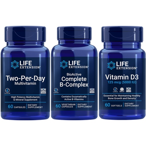 [BRSRMCQPOQGQKFLH] Life Extension Two-Per-Day Multivitamin, 60 capsules | BioActive Complete B-Complex, 60 capsules | Vitamin D3 125 mcg (5000 IU), 60 softgels | Bone & immune health, energy and metabolism support