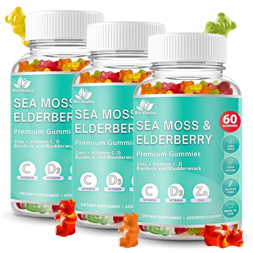[BRSW2CYECQAQ4F3D] Irish Sea Moss Gummies with Elderberry – USA Made Vegan Gummies with Vitamin C, D & Zinc – Immune Support Supplement with Bladderwrack & Burdock Root for Adults & Kids – 3 Packs